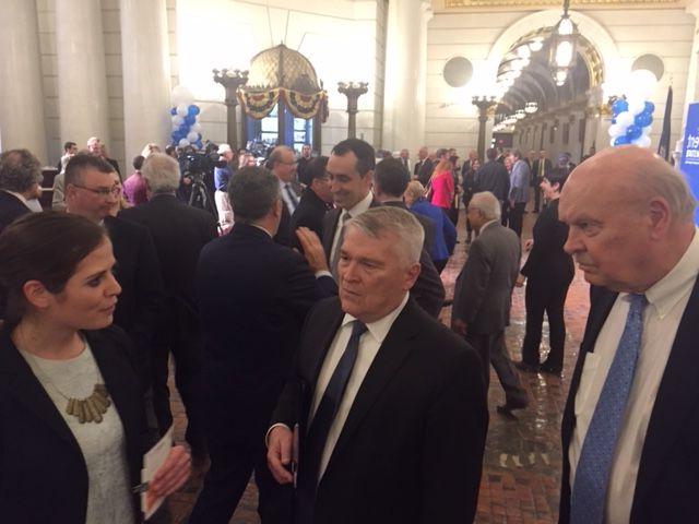 Penn State President Eric J. Barron (center) speaks with Penn State Berks Chancellor R. Keith Hillkirk and Lisa Weaver, Educational Program Associate