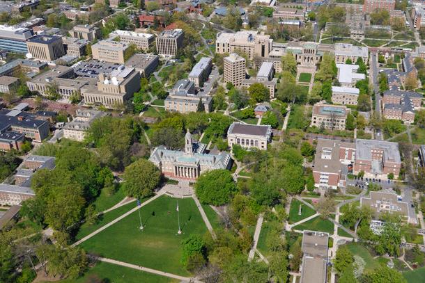 An aerial photo of the Old Main lawn at the Penn State University Park Campus.